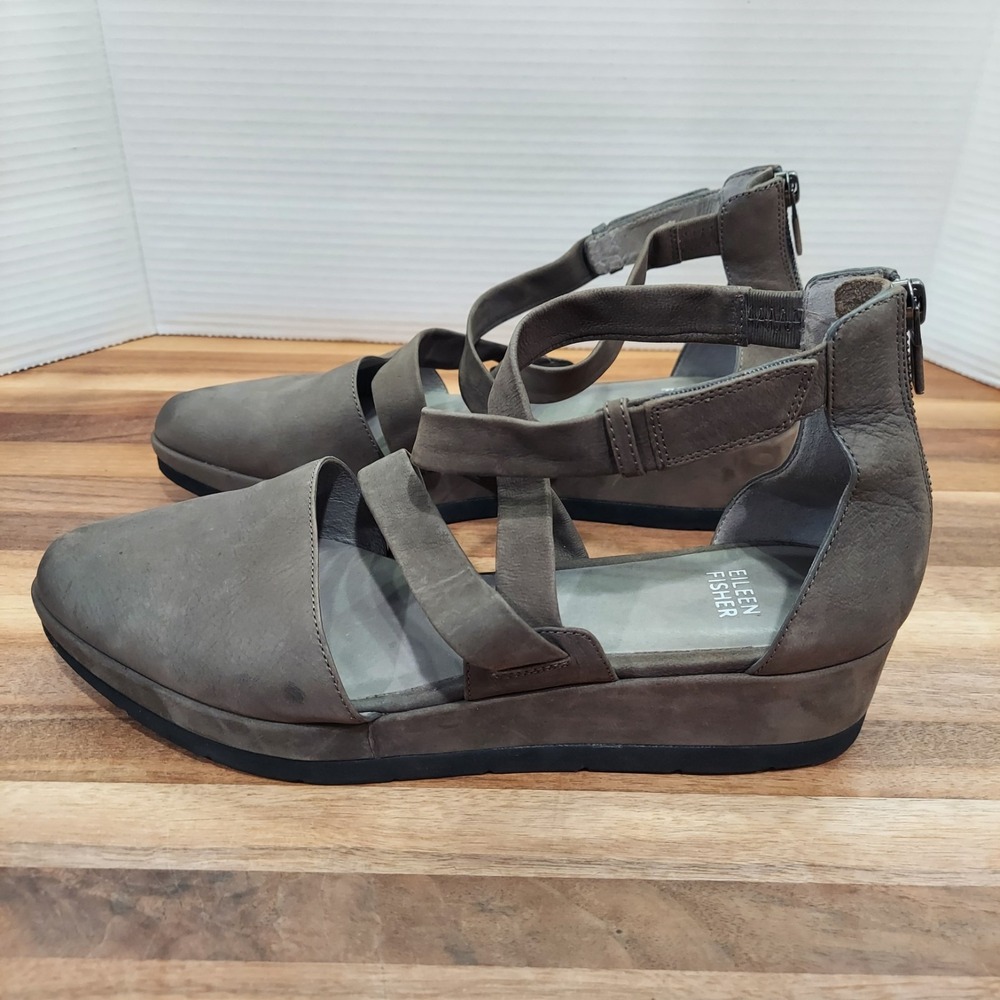 Eileen Fisher Wedge Sandals Women's 10 Gray Leather Strappy Pointed Toe Zip Back - Picture 7 of 16